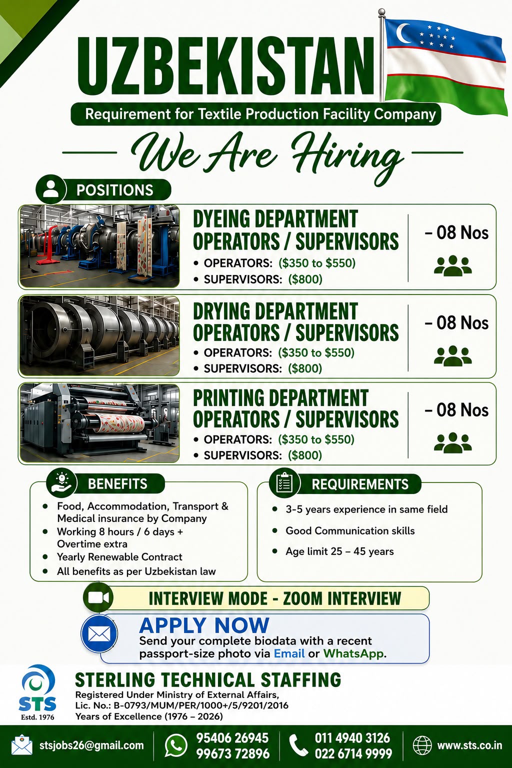 DYEING DEPARTMENT / OPERATORS / SUPERVISORS — Sterling Technical Staffing, Mumbai, UZBEKISTAN