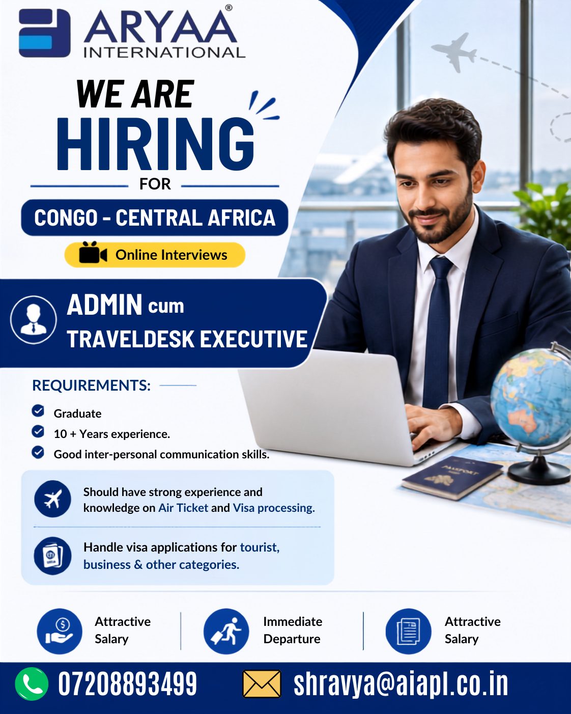 Admin cum Traveldesk Executive — Aryaa International, Congo - Central Africa, Congo - Central Africa