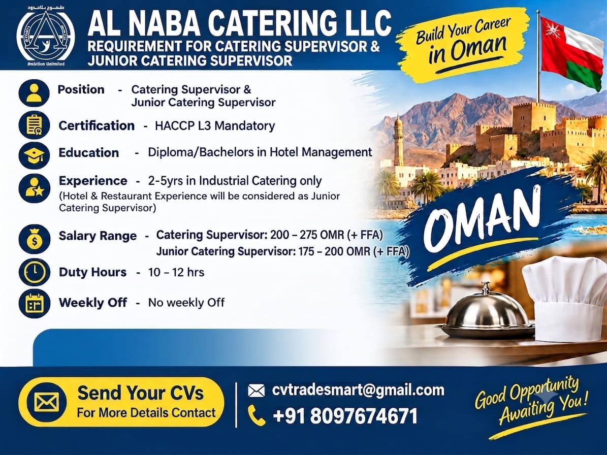 Catering Supervisor & Junior Catering Supervisor — TRADE SMART HR SERVICES LLP, Oman