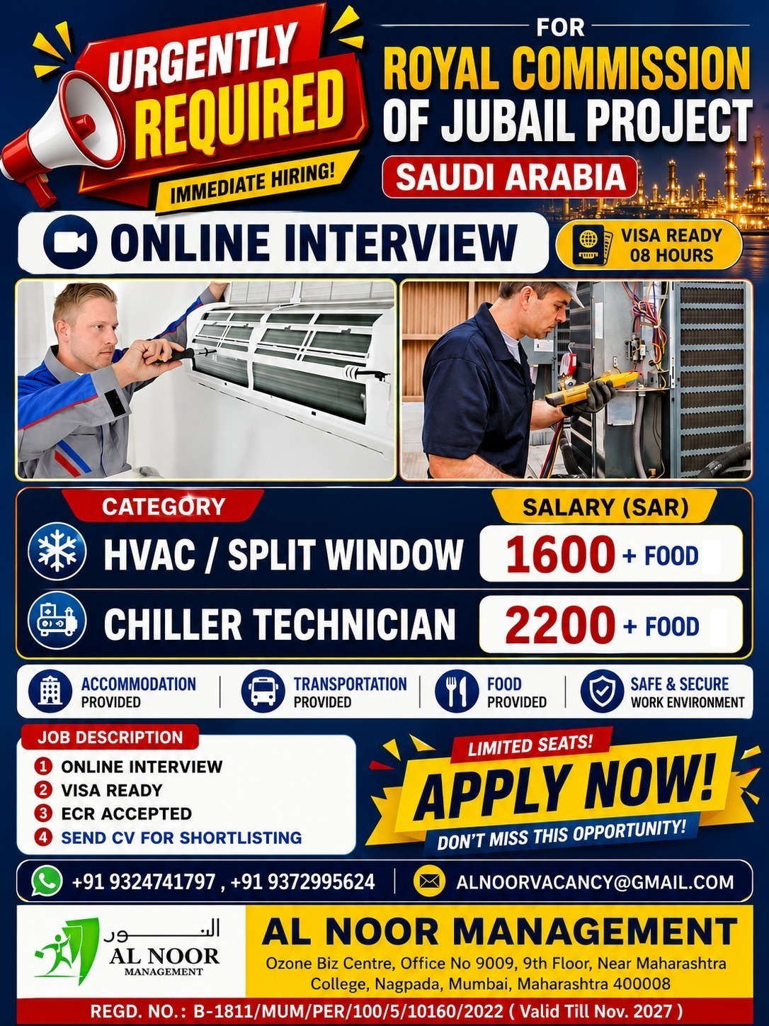 URGENTLY REQUIRED IMMEDIATE HIRING! FOR ROYAL COMMISSION OF JUBAIL PROJECT — AL NOOR MANAGEMENT, India