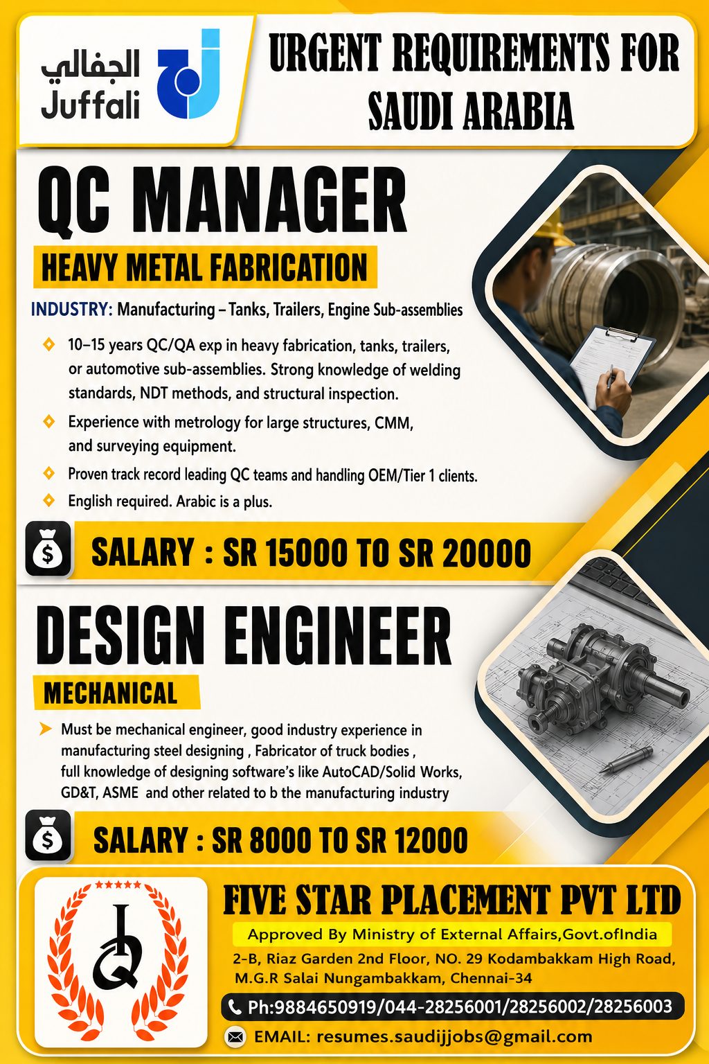 URGENT REQUIREMENTS FOR SAUDI ARABIA -QC MANAGER ,DESIGN ENGINEER — Five Star Placement Pvt Ltd, SAUDI ARABIA, SAUDI ARABIA