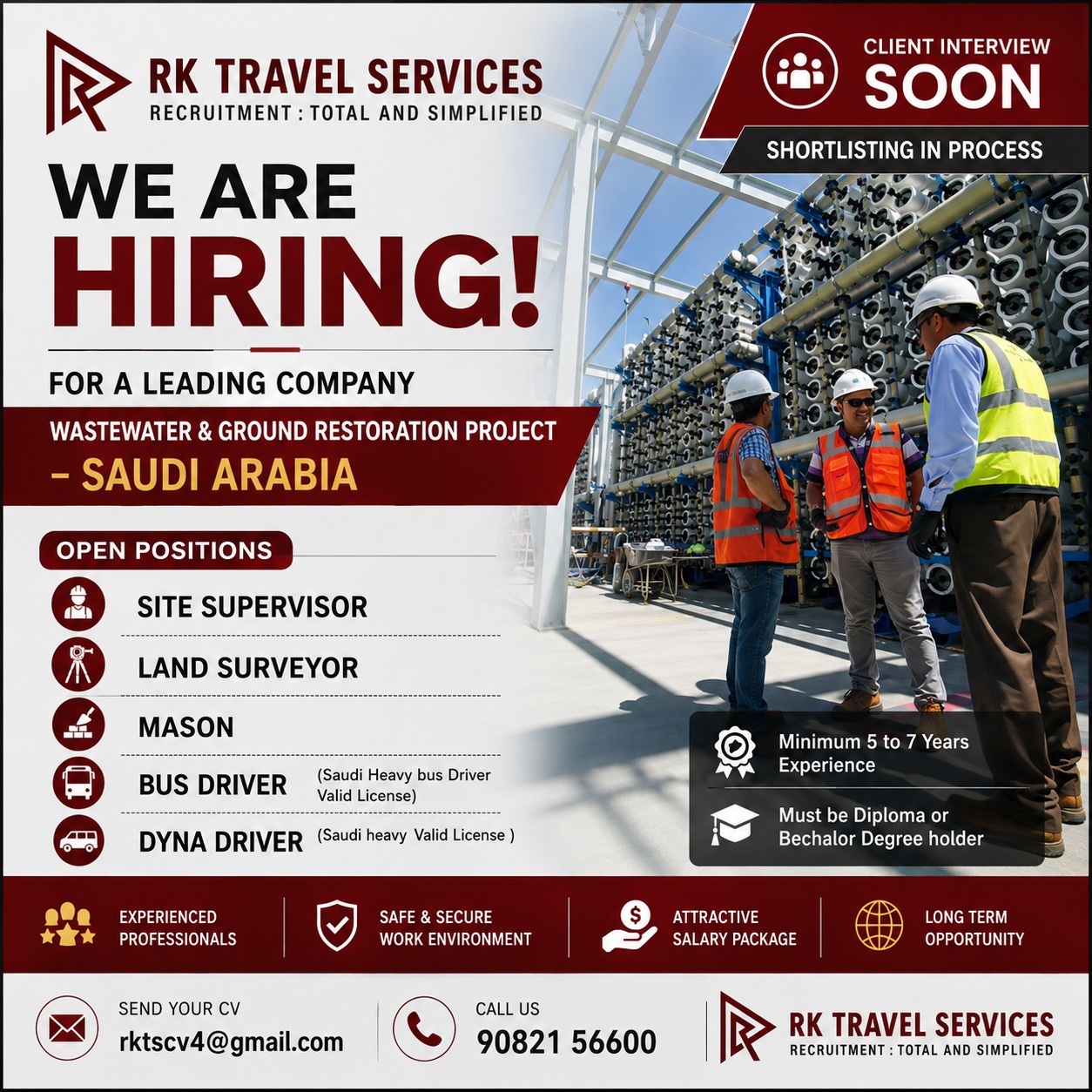 Hiring for Leading Company for Wastewater &  Ground Restoration Project – Saudi Arabia — RK Travel Services, SAUDI ARABIA, SAUDI ARABIA