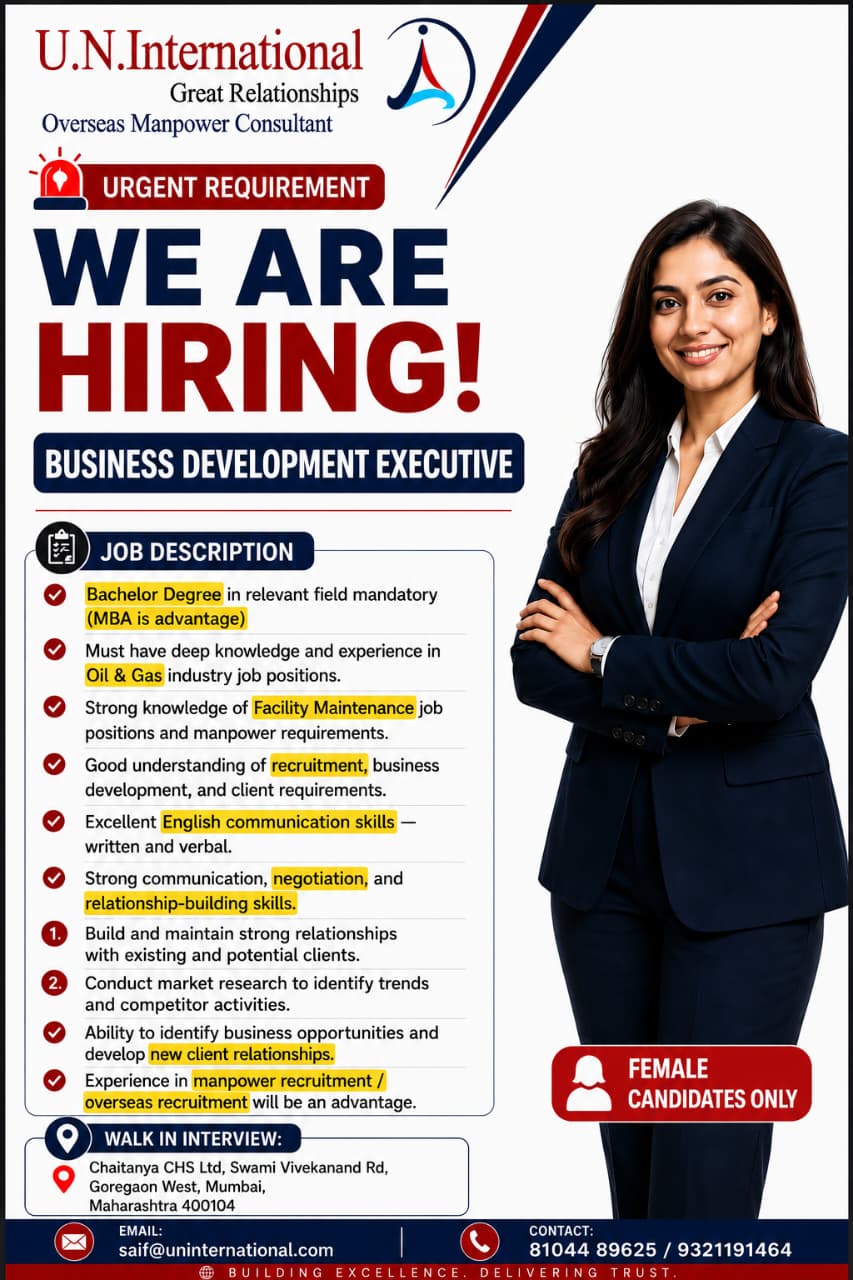 Urgent requirement for Business Developer — U N International, India, India
