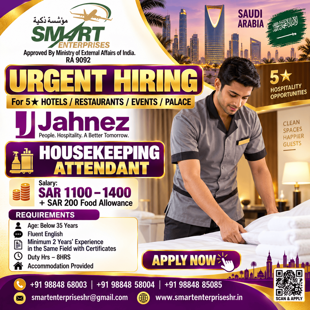 HOUSEKEEPING ATTENDANT SAUDI ARABIA — smartenterpriseshr@gmail.com, SAUDI ARABIA