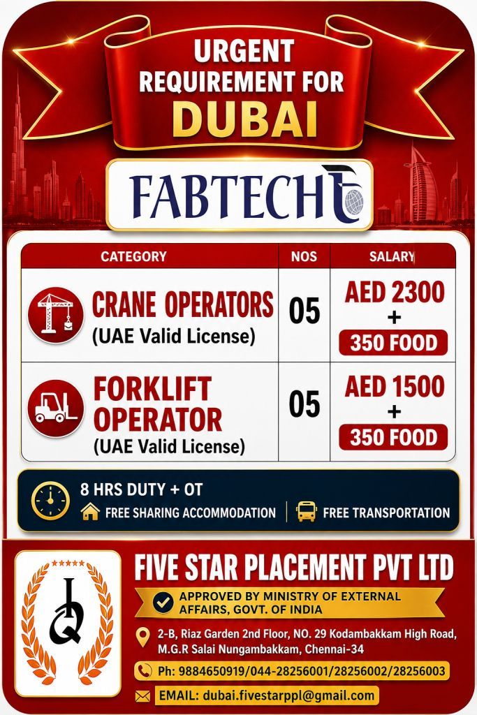 CRANE OPERATOR, FORKLIFT OPERATOR — Five Star Placement Pvt Ltd, DUBAI, DUBAI