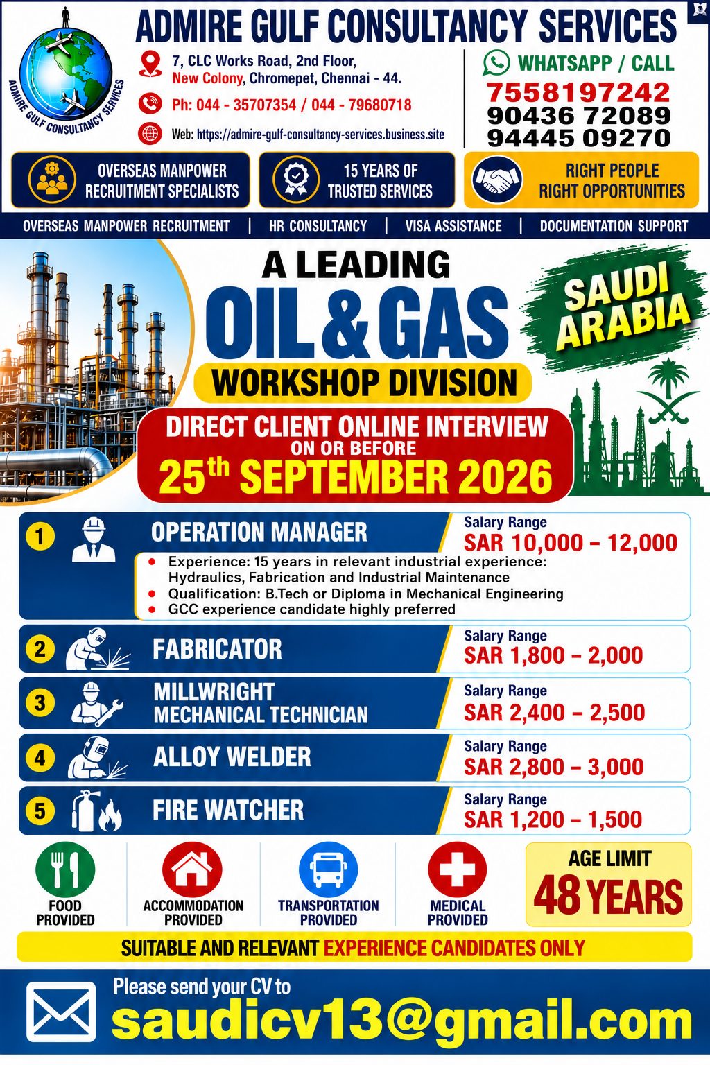 Oil & Gas Workshop Division - Multiple Positions