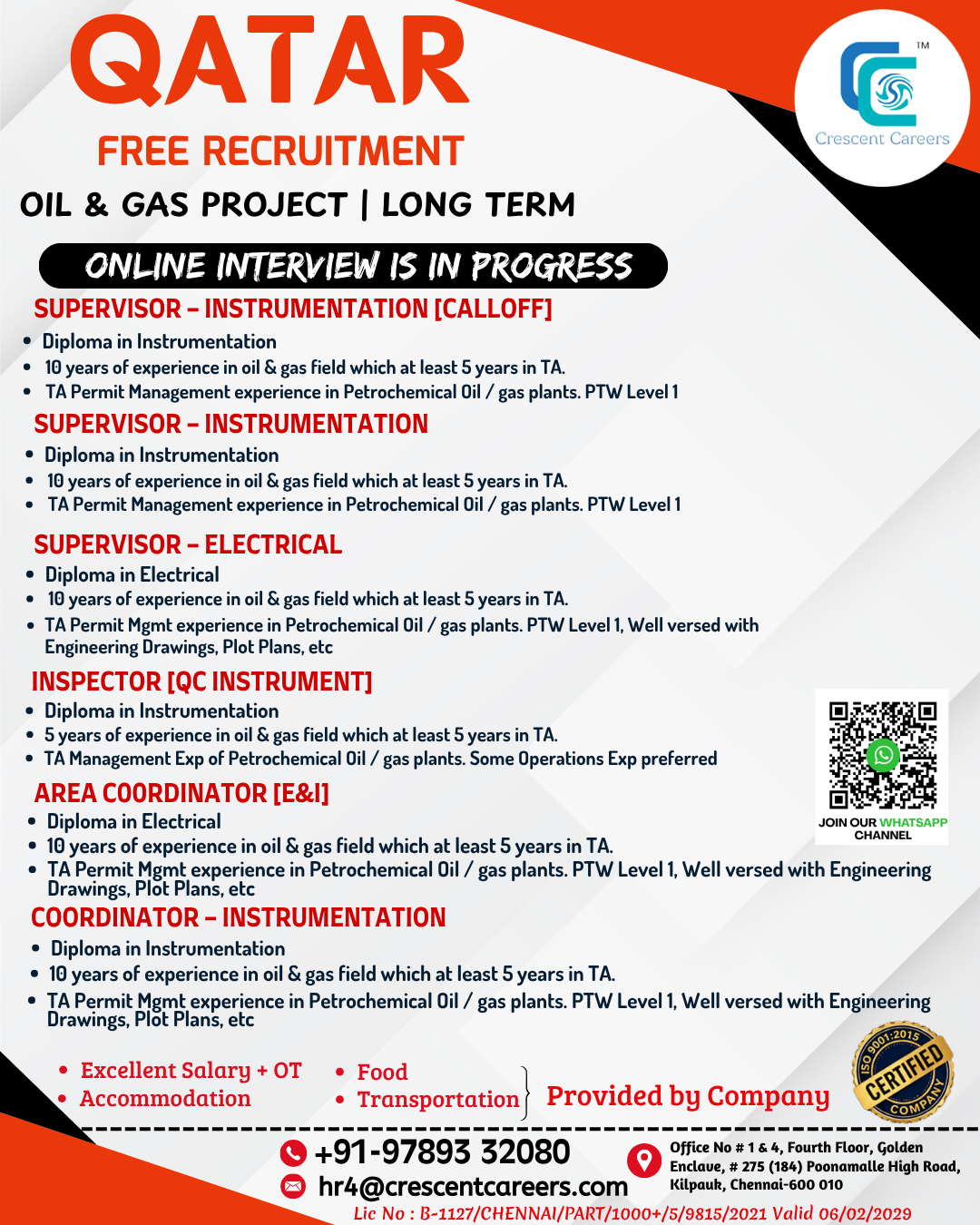 Supervisor - Instrumentation / Supervisor - Electrical / Inspector (QC Instrument) / Coordinator - Instrumentation — Crescent Careers, Qatar, Qatar