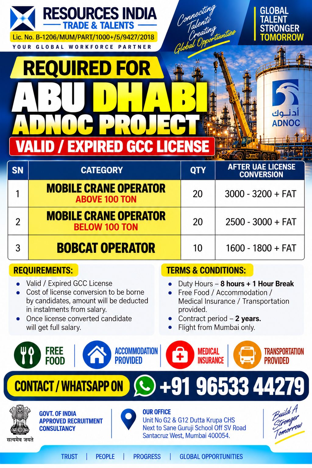 REQUIRED FOR ABU DHABI - ADNOC PROJECT — RESOURCES INDIA - TRADE &amp; TALENTS, UAE, UAE