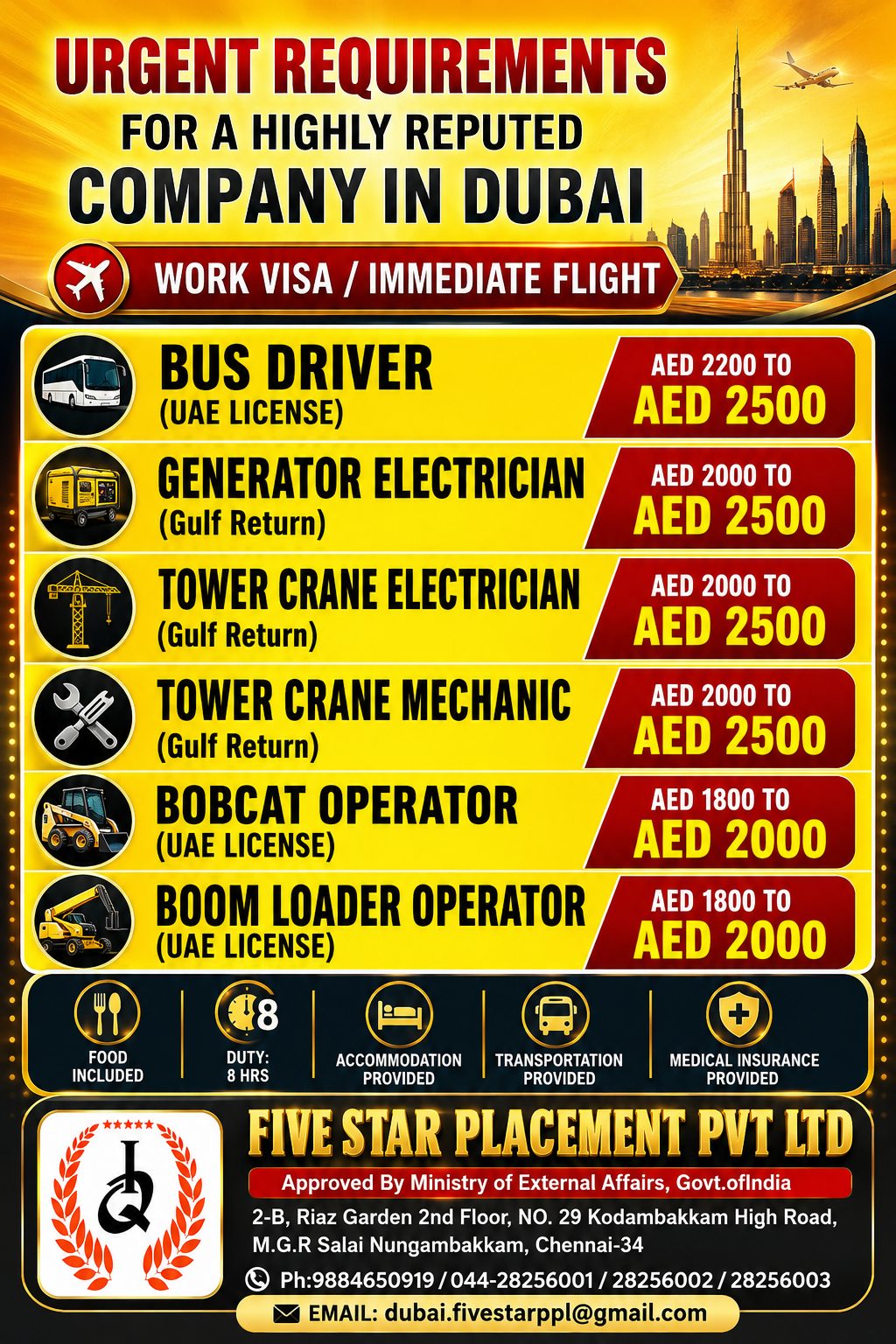 URGENT REQUIREMENTS FOR A HIGHLY REPUTED COMAPANY IN DUBAI