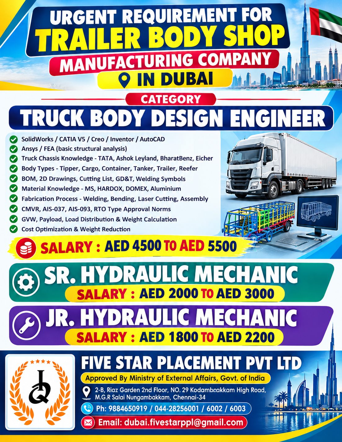 TRUCK BODY DESIGN ENGINEER,SR.HYDRAULIC MECHANIC,JR.HYDRAULIC MECHANIC