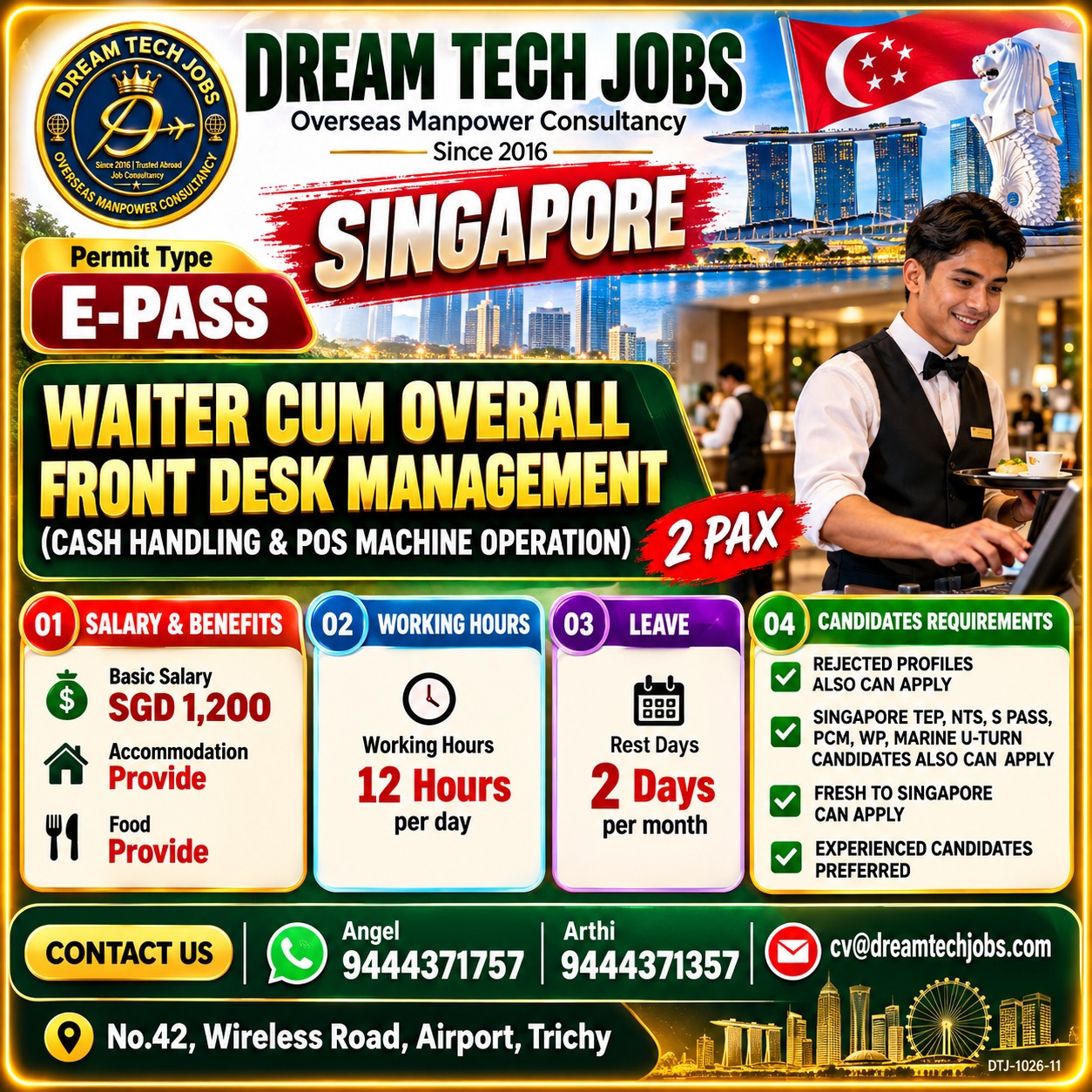 Waiter cum Overall Front Desk Management — DREAM TECH JOBS -TRICHY, Singapore, Singapore