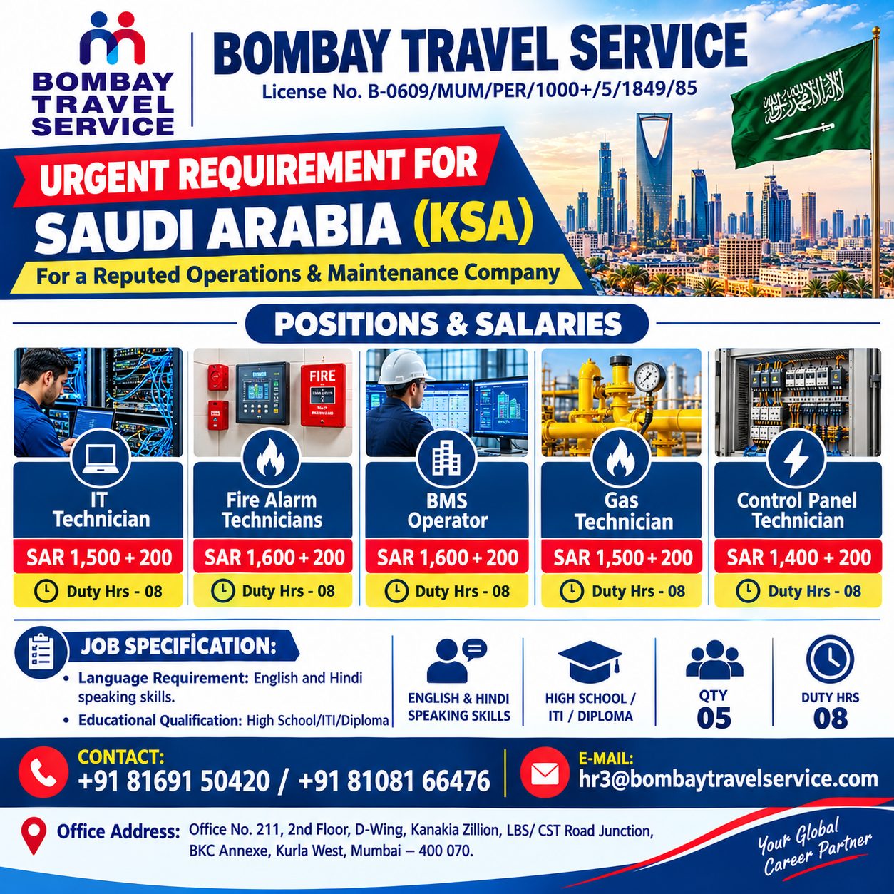 **URGENT REQUIREMENT FOR SAUDI ARABIA (KSA)**\ For a **Reputed Operations & Maintenance Company**