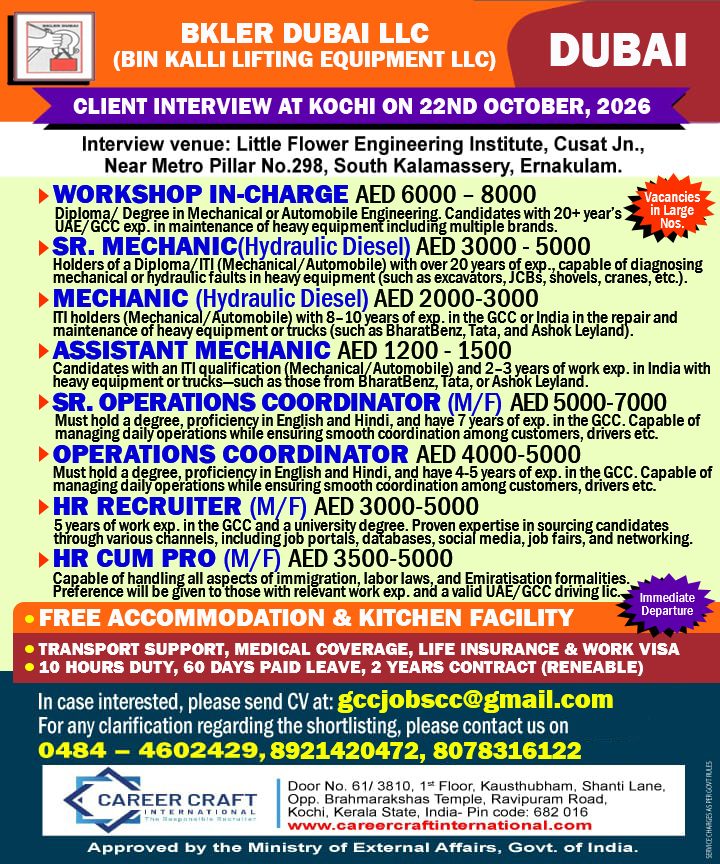 BKLER Dubai (Bin Kalli Lifting Equipment LLC) hires candidates for their Company in Dubai