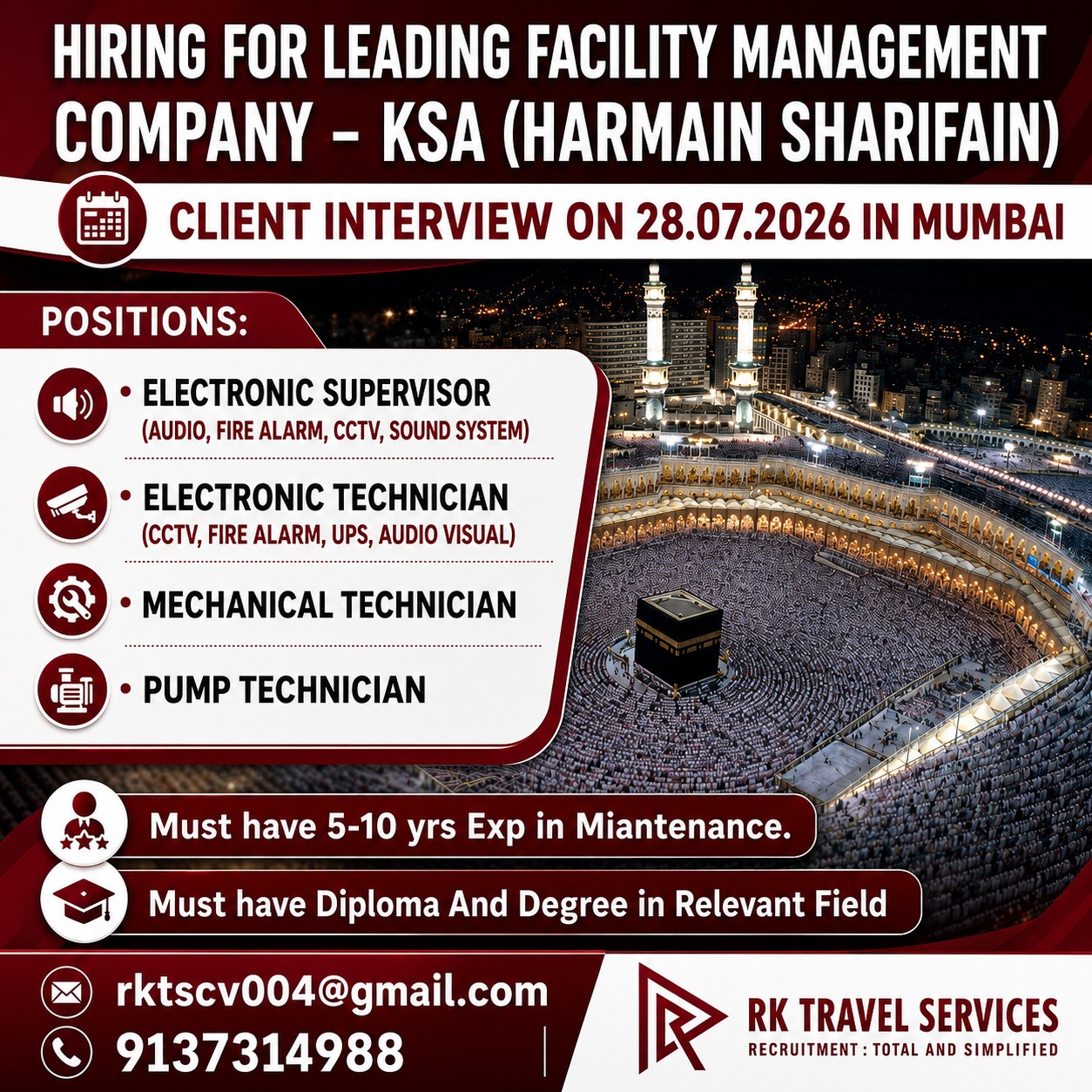 Facility Management Positions - KSA (Harmain Sharifain) — RK Travel Services, Saudi Arabia