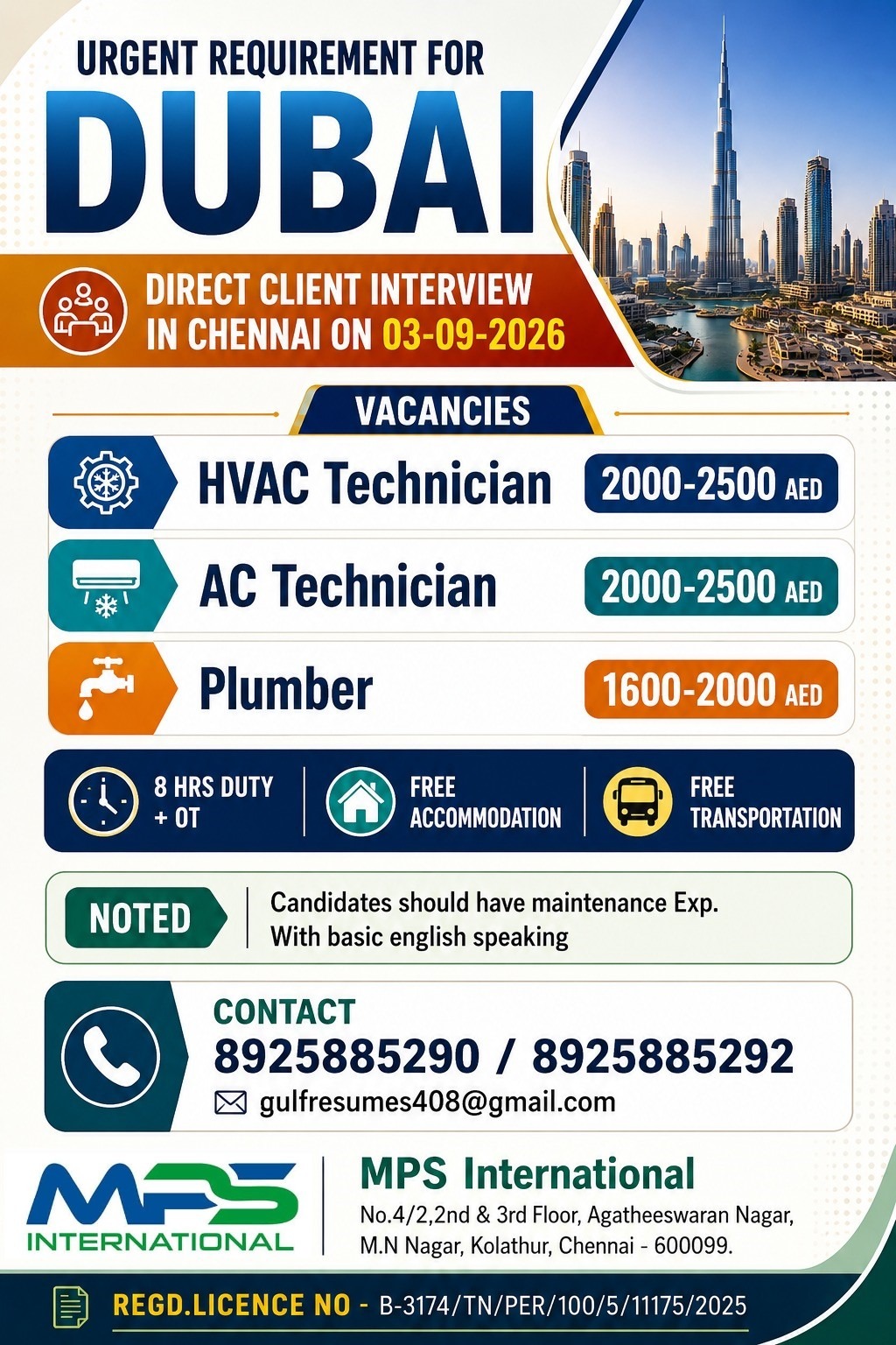 Urgent Requirement for Dubai