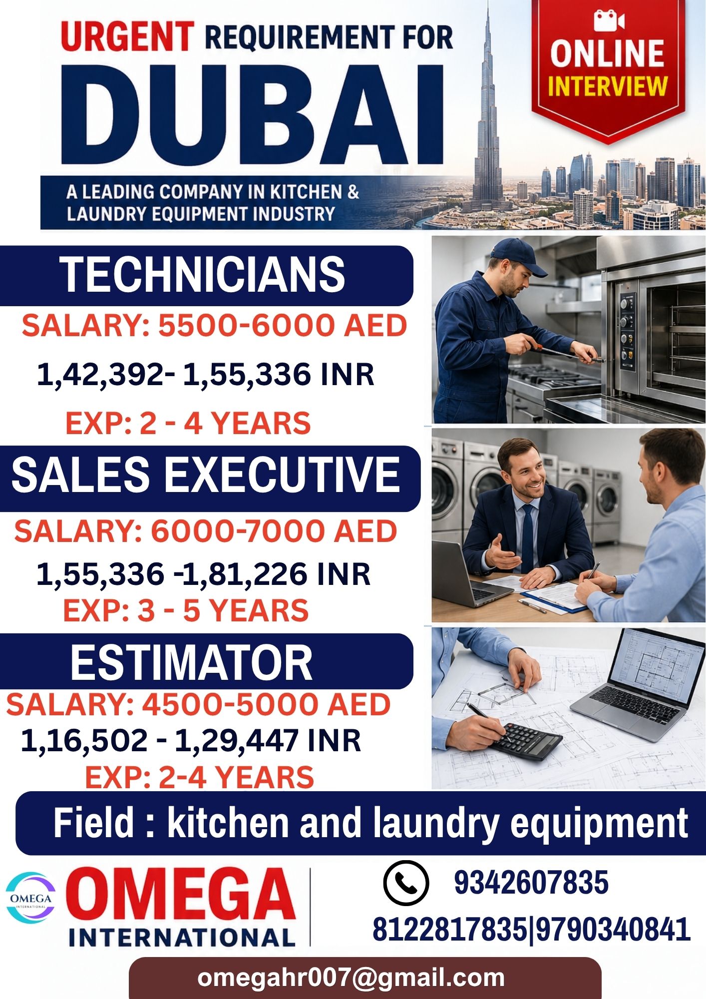wanted for TECHNICIANS,SALES EXECUTIVE,ESTIMATOR