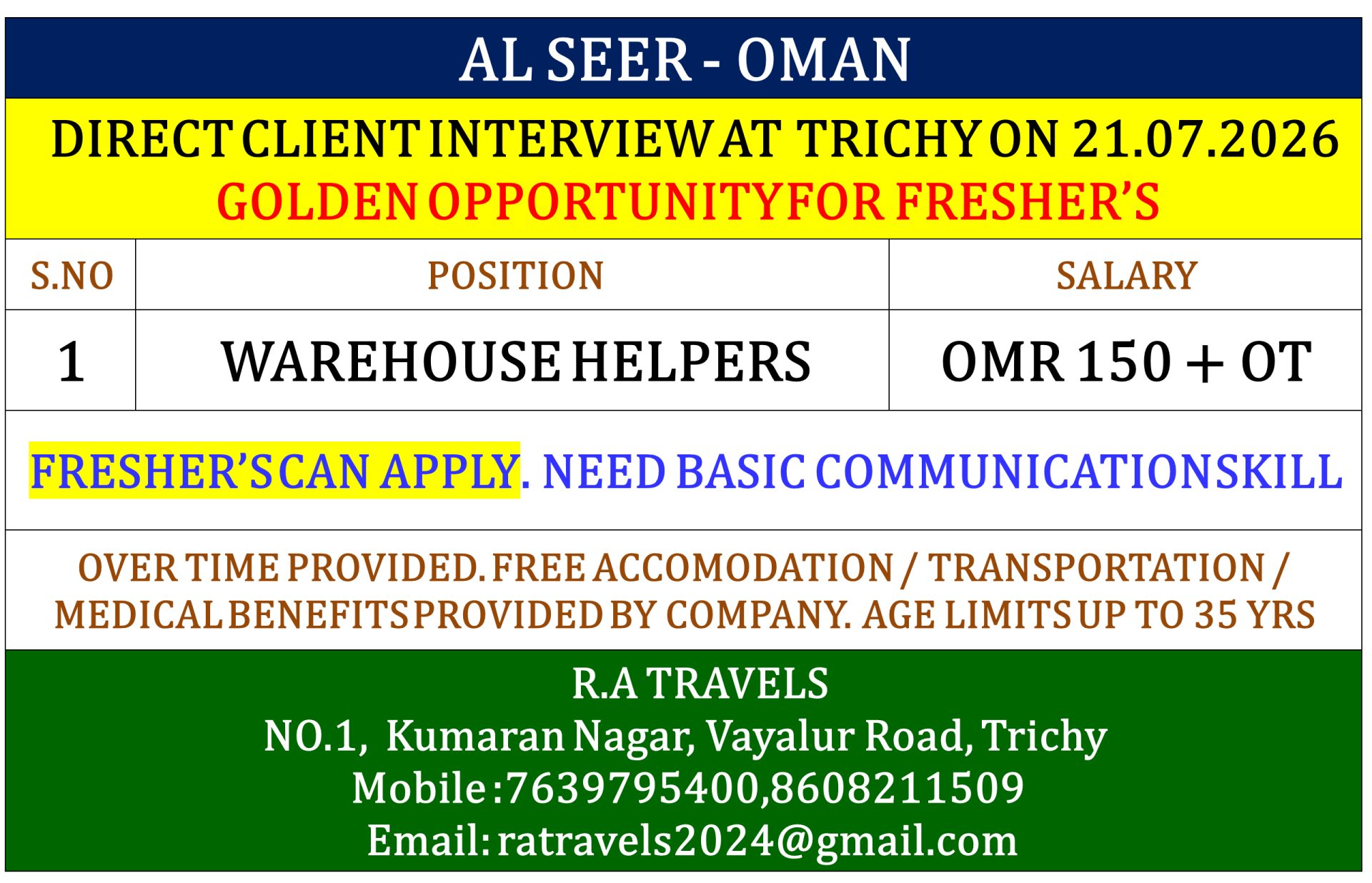 WAREHOSUE HELPER — R.A Travels, OMAN, OMAN