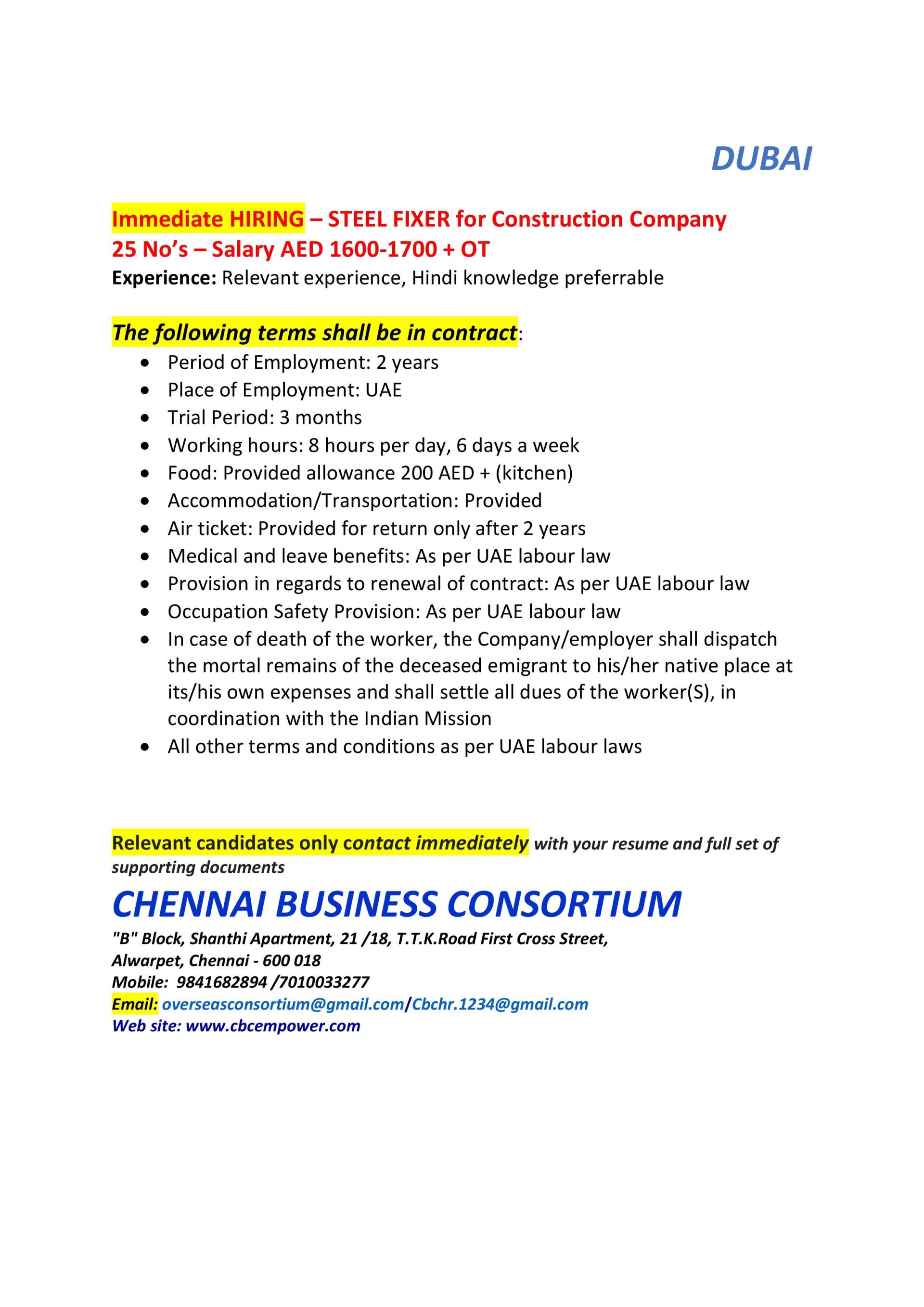 Steel Fixer for Construction Company