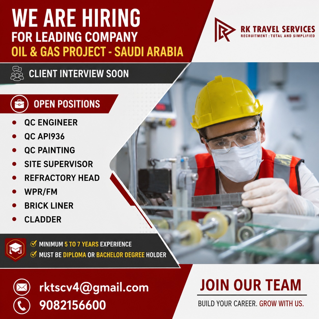 Hiring for leading company oil & gas project - saudi arabia — RK Travel Services, SAUDI ARABIA, SAUDI ARABIA