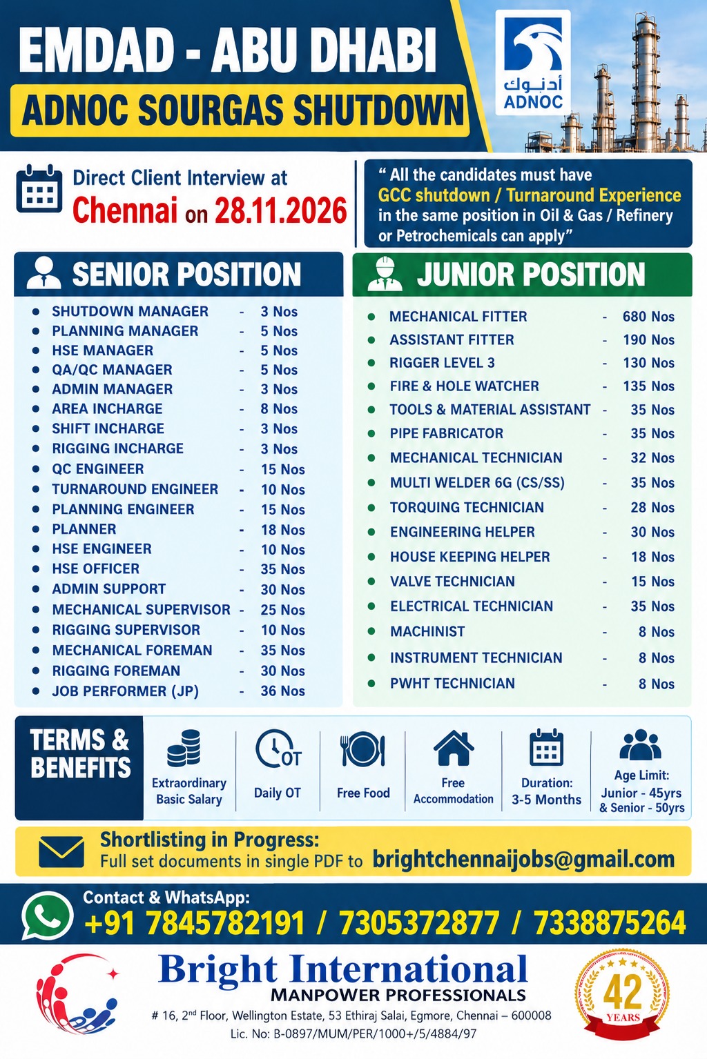 EMDAD ABU DHABI - SHUTDOWN REQUIREMENT — Bright International, Chennai, ABU DHABI