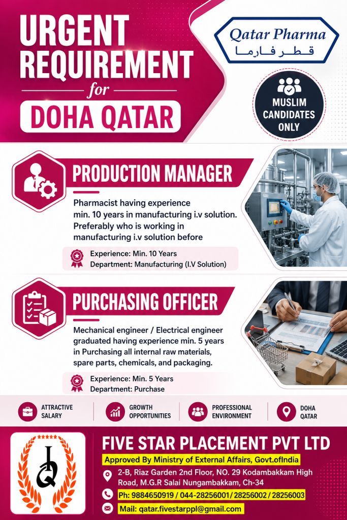 URGENT REQUIREMENTS FOR DOHA QATAR — Five Star Placement Pvt Ltd, DOHA QATAR, DOHA QATAR