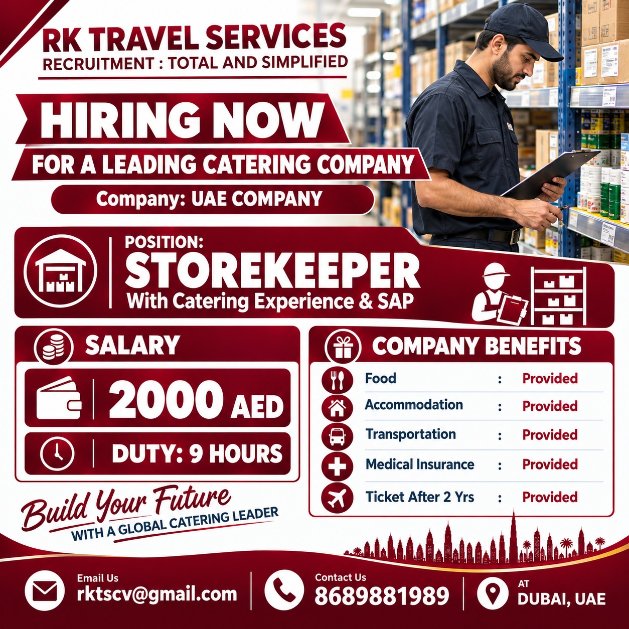 Storekeeper with Catering Experience & SAP — RK Travel Services, UAE, UAE