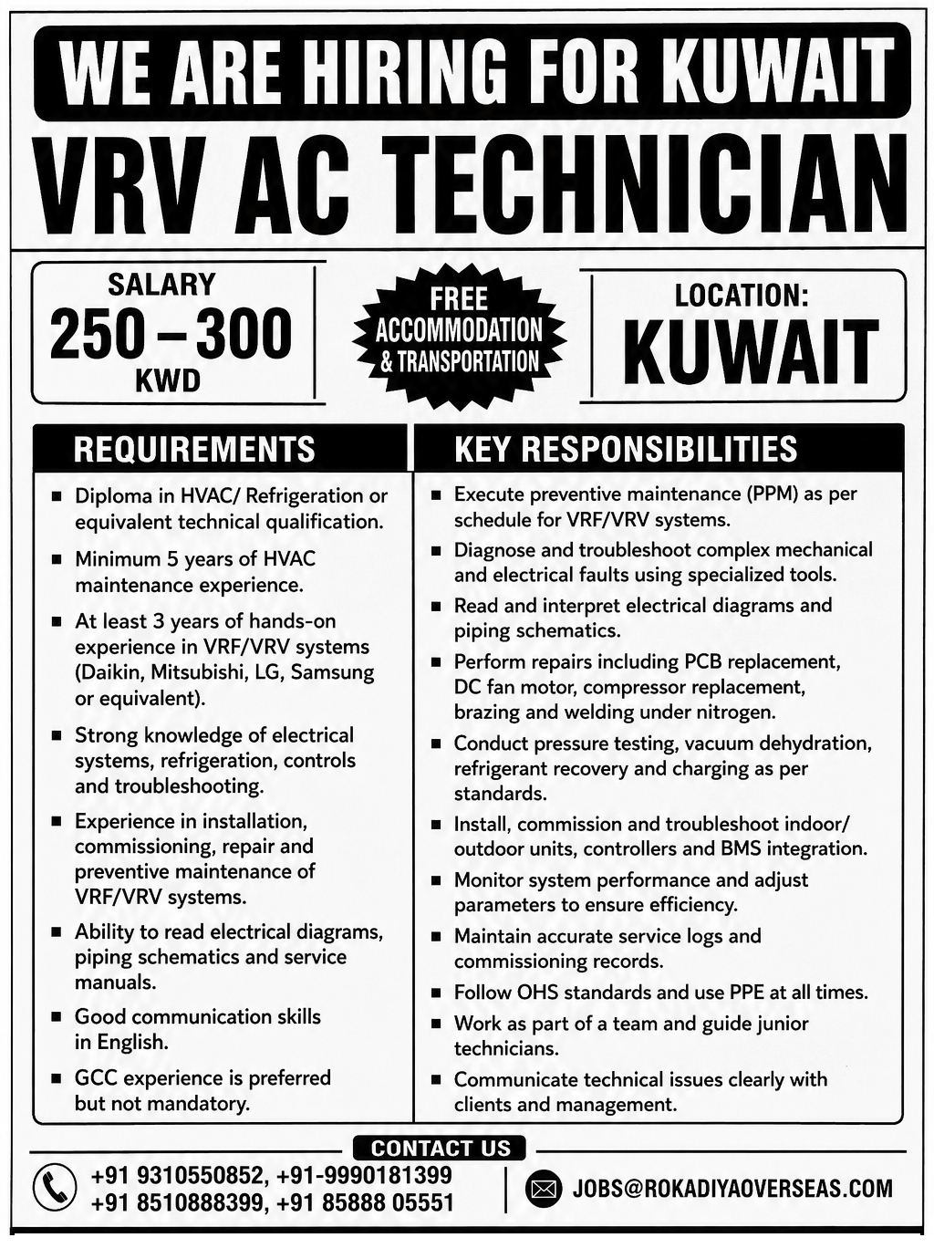 AC TECHNICIAN VRC — ROKADIYA OVERSEAS, kuwait, kuwait