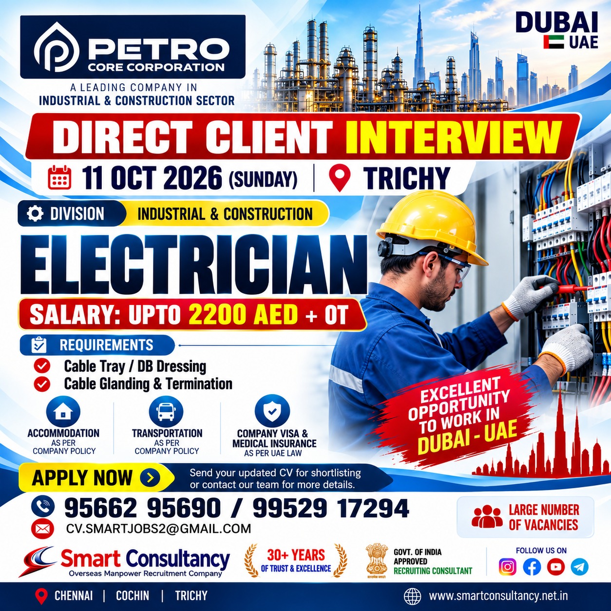 Electrician Opportunity – Dubai, UAE | Petro Core Corporation | Trichy Interview – 11 October 2026 — SMART CONSULTANCY, UAE