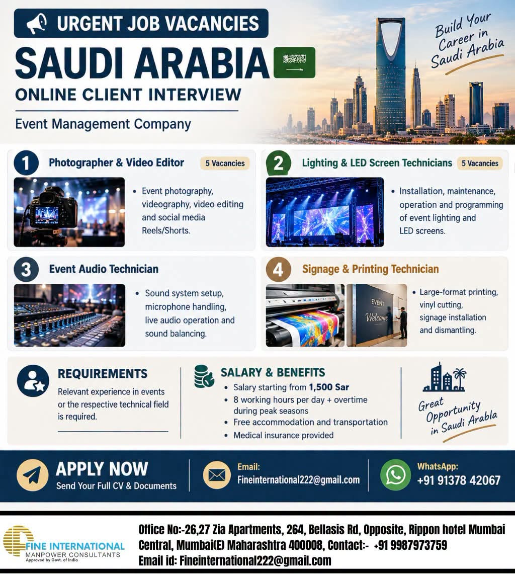 Event Management Company - Urgent Job Vacancies — FINE INTERNATIONAL MANPOWER, Saudi Arabia, Saudi Arabia