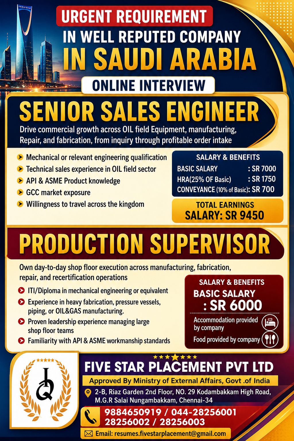 URGENT REQUIREMENT IN WELL REPUTED COMPANY IN SAUDI ARABIA — Five Star Placement Pvt Ltd, SAUDI ARABIA, SAUDI ARABIA