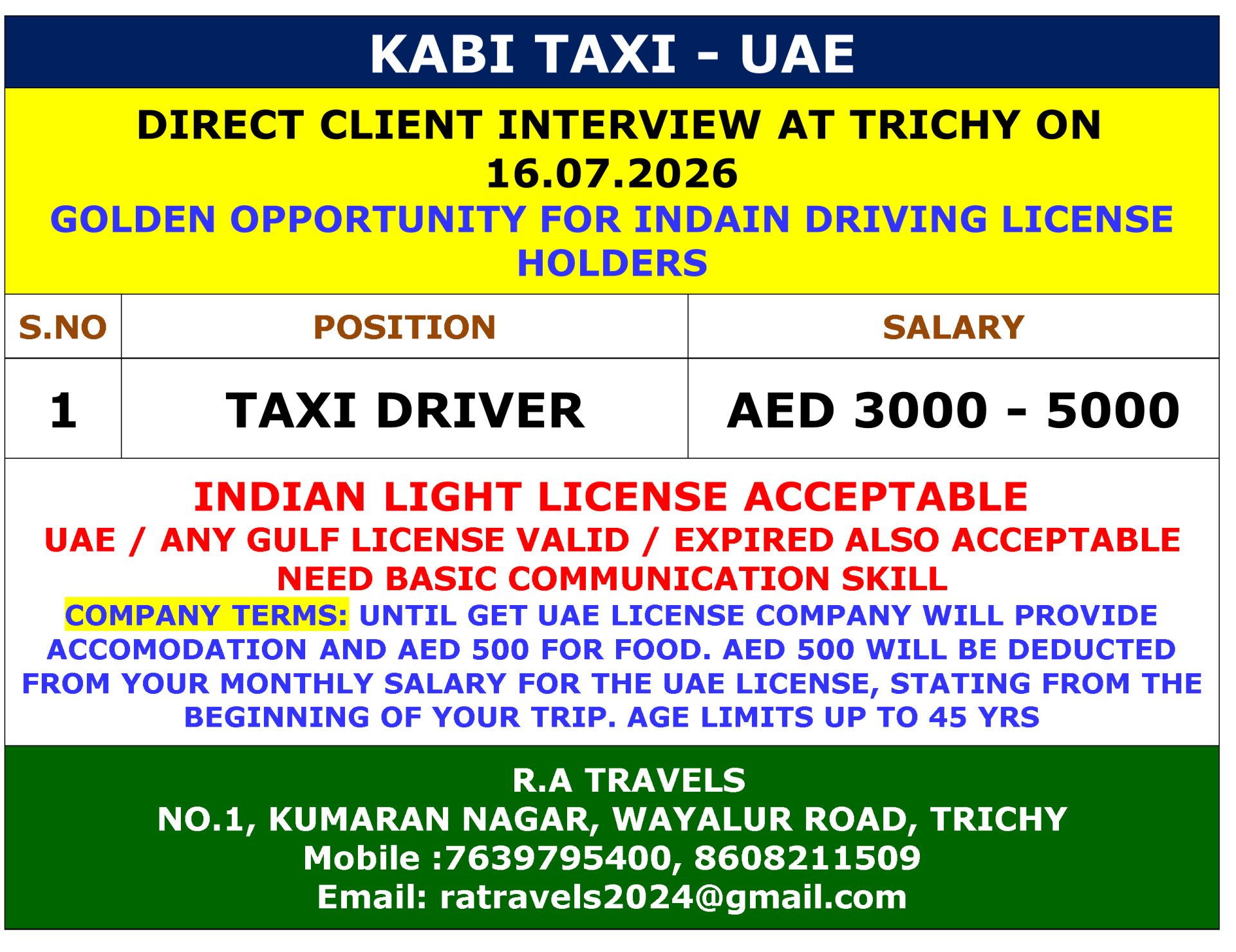 TAXI DRIVER — R.A Travels, DUBAI, DUBAI