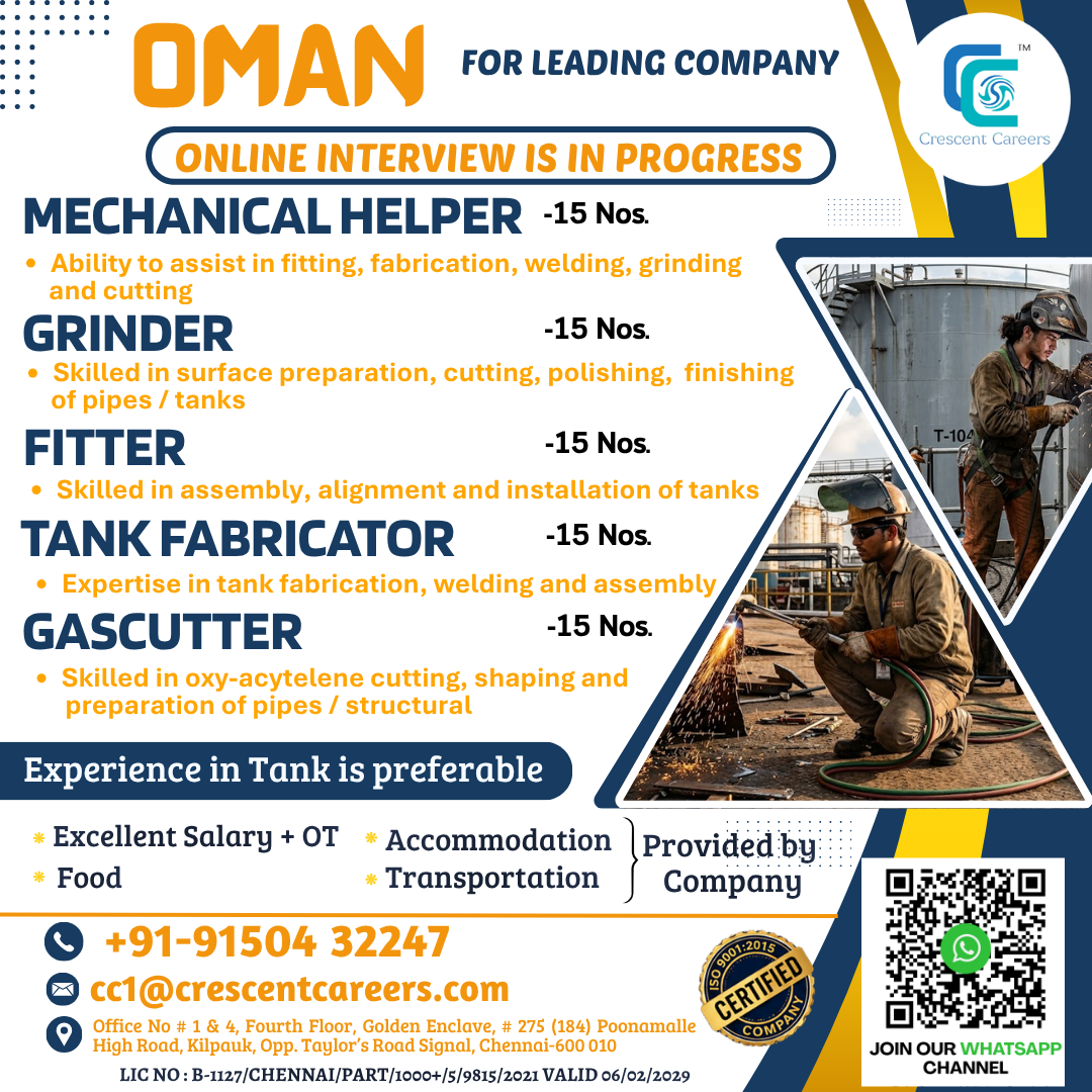 URGENT HIRING - OMAN — Crescent Careers, Oman