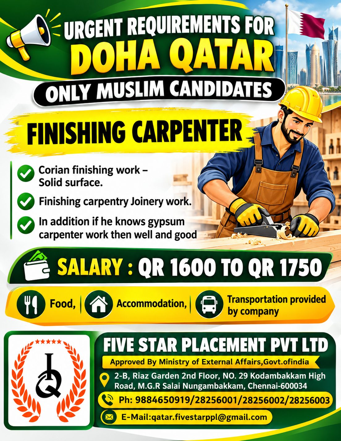 ONLY MUSLIM CANDIDATES - DOHA QZTZR — Five Star Placement Pvt Ltd, DOHA QATAR