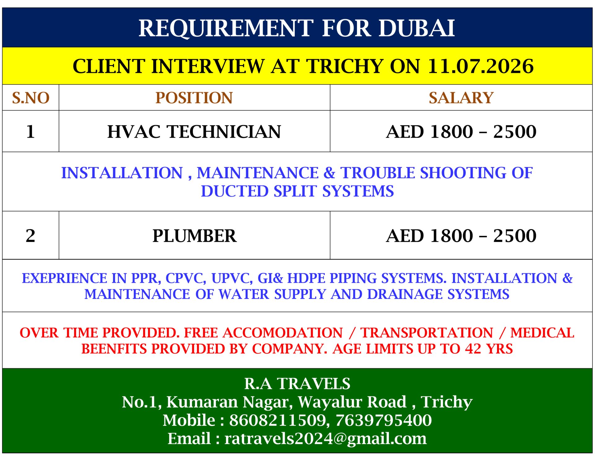 ELECTRICIAN / PLUMBER — R.A Travels, DUBAI