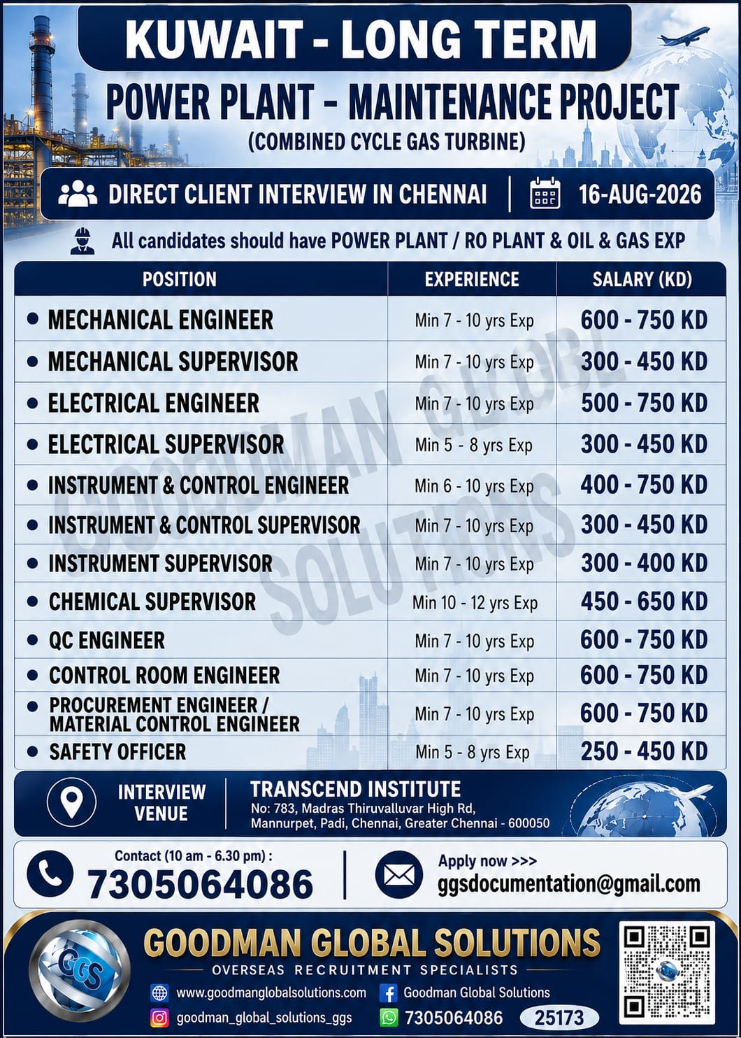 KUWAIT - LONG TERM (POWER PLANT PROJECT)  DIRECT CLIENT INTERVIEW IN CHENNAI @ 16-08-2026