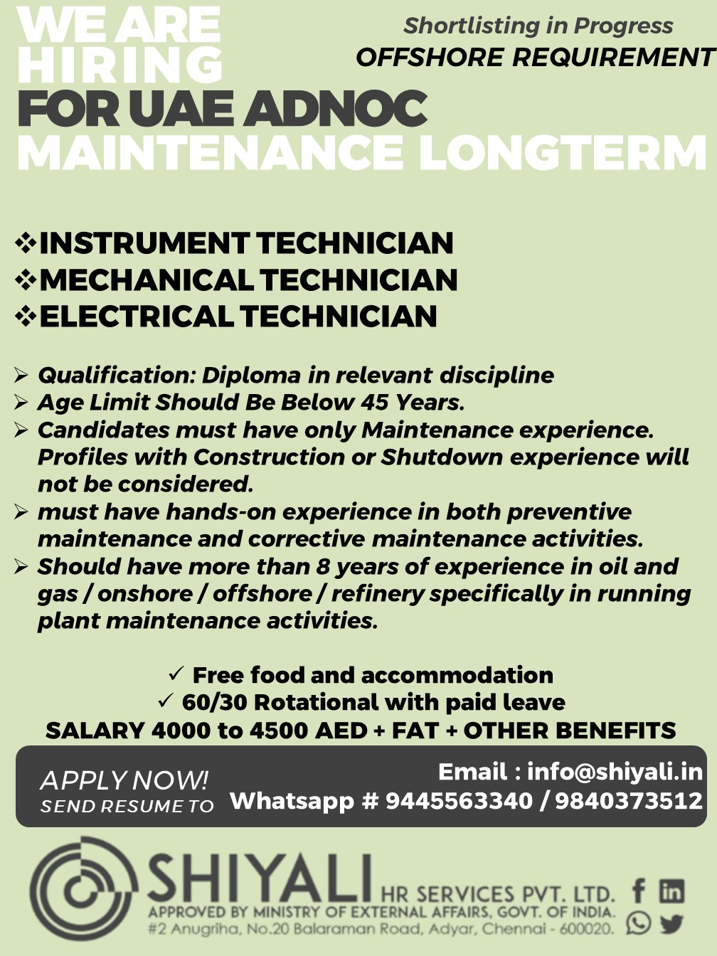 UAE ADNOC Maintenance Long Term — SHIYALI HR SERVICES, UAE