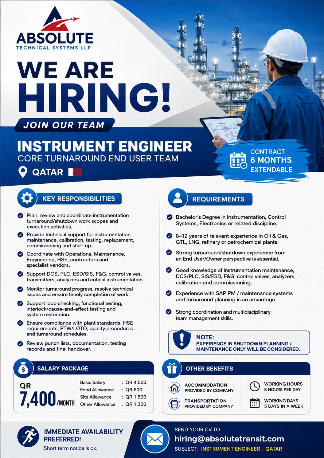 Instrument Engineer - Core Turnaround End User Team — Absolute Technical Systems LLP, Qatar, Qatar