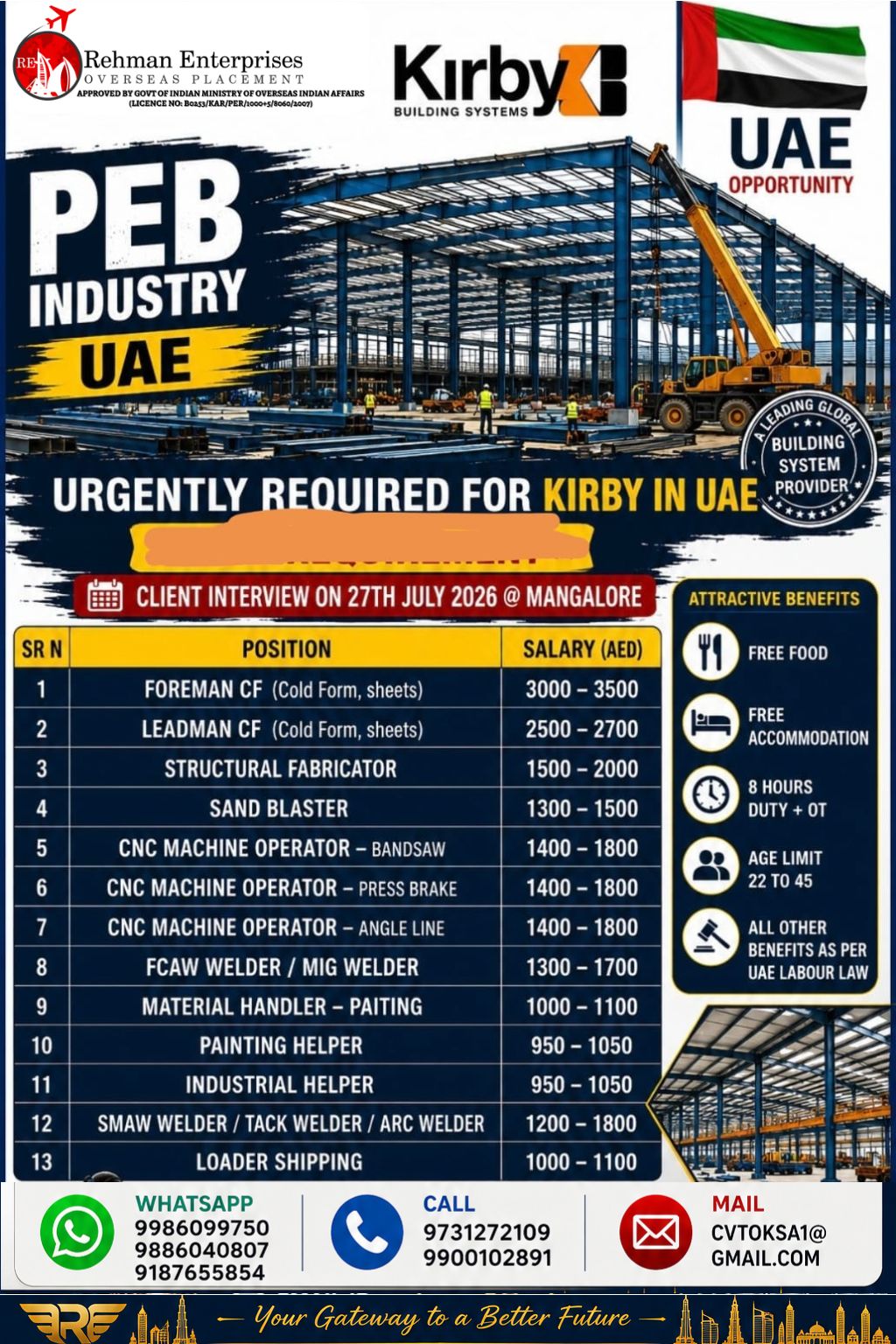 PEB Industry UAE - Multiple Positions — Rehman Enterprises, UAE