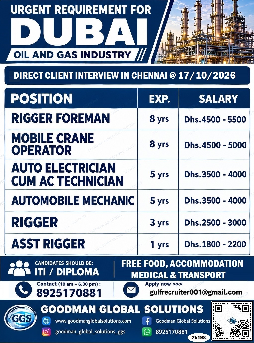 DUBAI  - LONG TERM (OIL & GAS PROJECT) DIRECT CLIENT INTERVIEW IN CHENNAI @ 17/10/2026