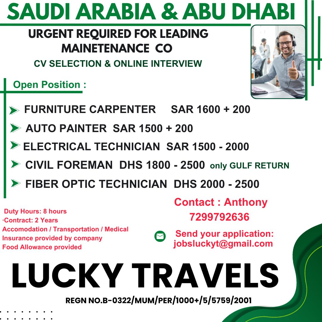Urgent required for Maintenance Company for SAUDI ARABIA — Lucky Travels, Chennai, Saudi Arabia, Saudi Arabia