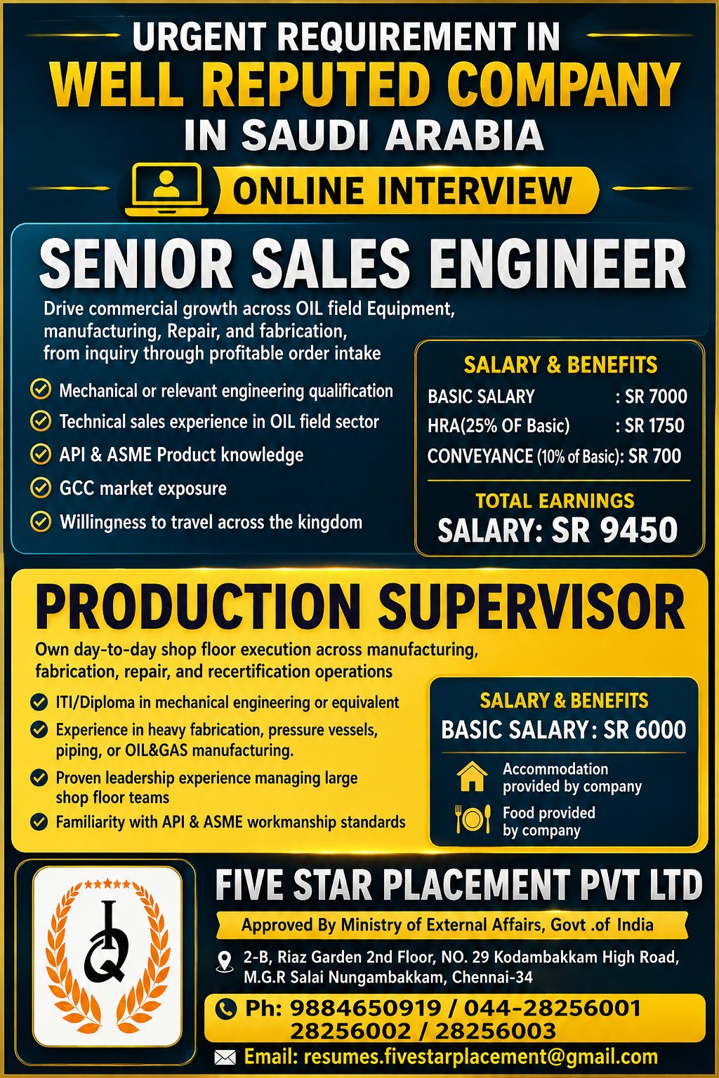 SENIOR SALES ENGINEER,PRODUCTION SUPERVISOR