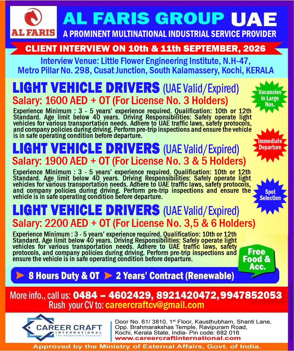 URGENT REQUIREMENT OF LIGHT DUTY DRIVERS FOR UAE -