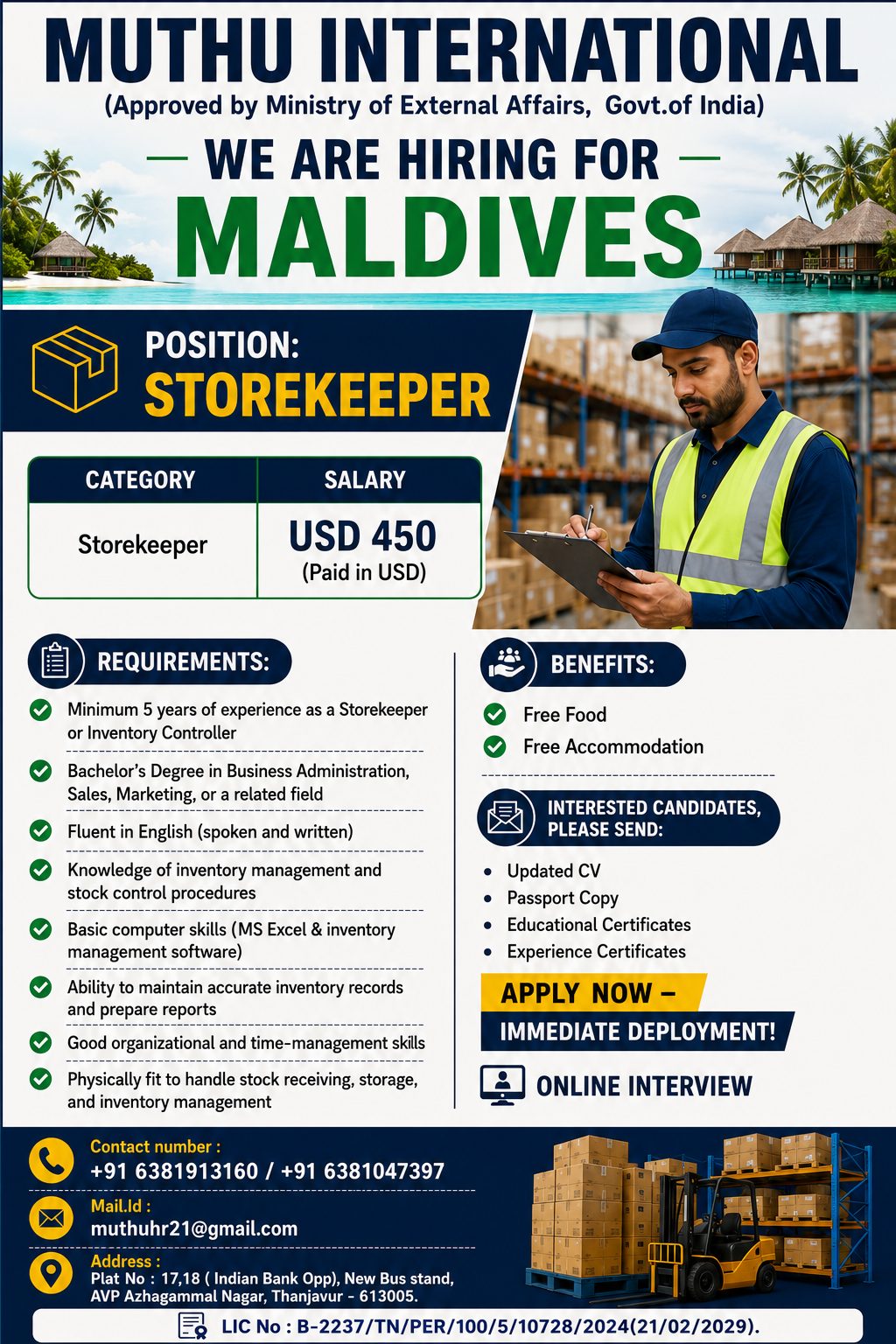 Store Keepers — MUTHU INTERNATIONAL, Maldives, Maldives