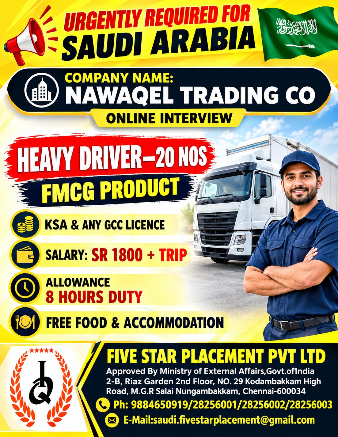 HEAVY DRIVER - SAUDI ARABIA — Five Star Placement Pvt Ltd, SAUDI ARABIA