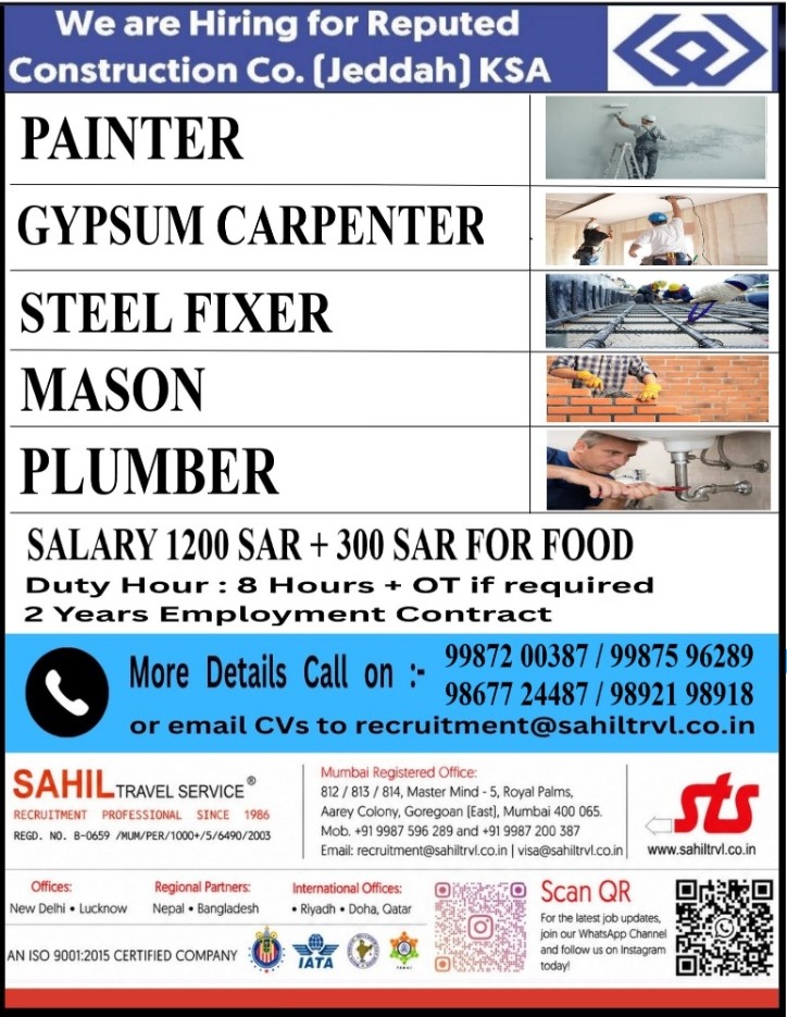 Urgent Hiring for Reputed Construction Company – Jeddah, Saudi Arabia