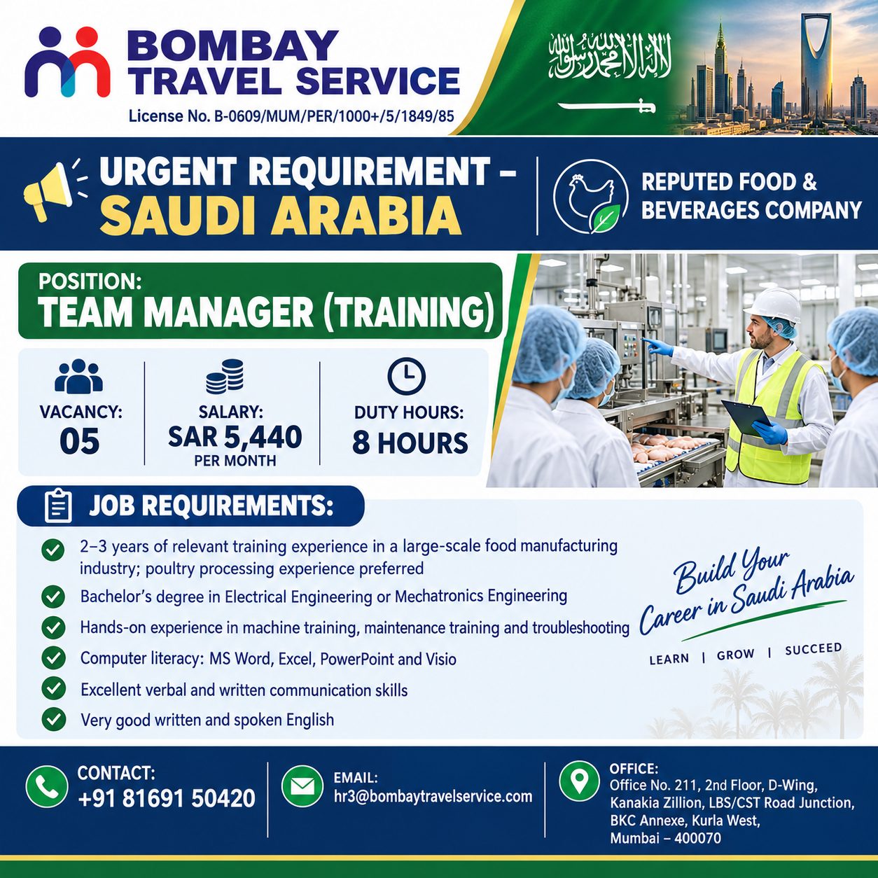 We are hiring for a reputed Food & Beverages Company in Saudi Arabia