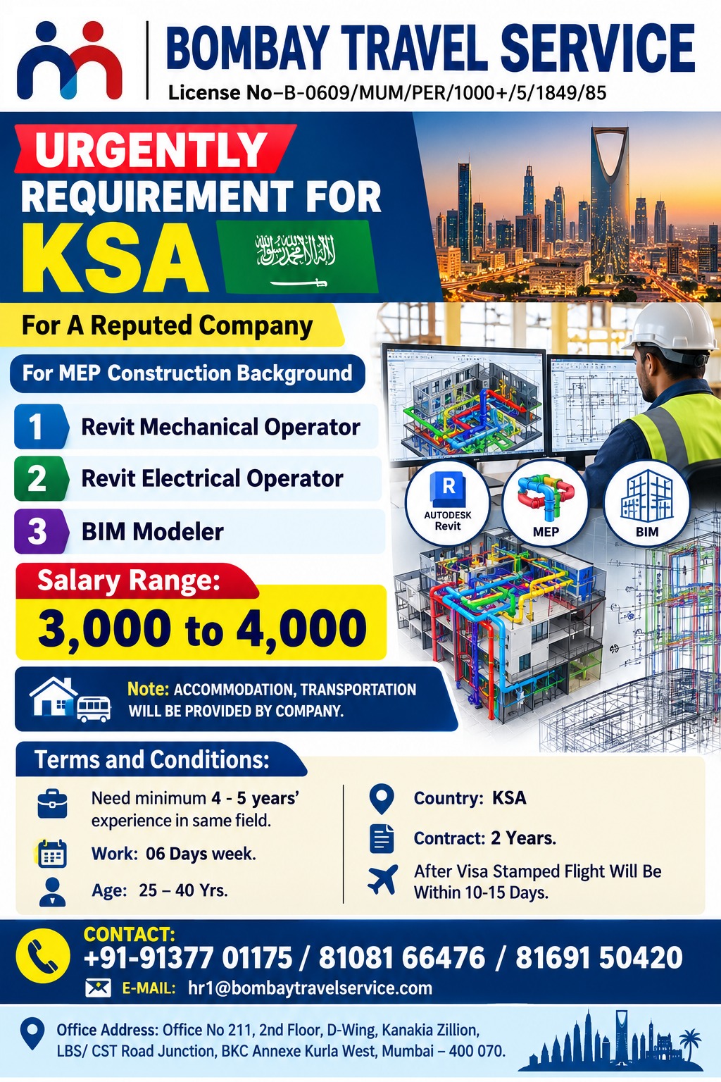 We are urgently required for ksa reputed Fm Co.