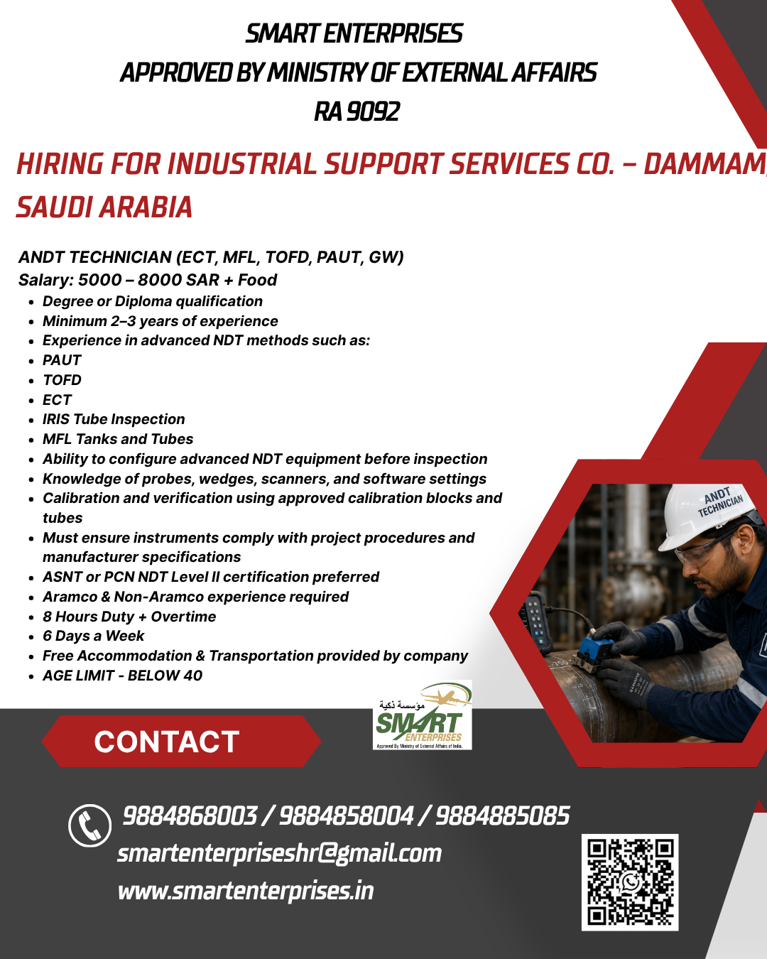 ANDT TECHNICIAN (ECT, MFL, TOFD, PAUT, GW) — smartenterpriseshr@gmail.com, SAUDI ARABIA, SAUDI ARABIA