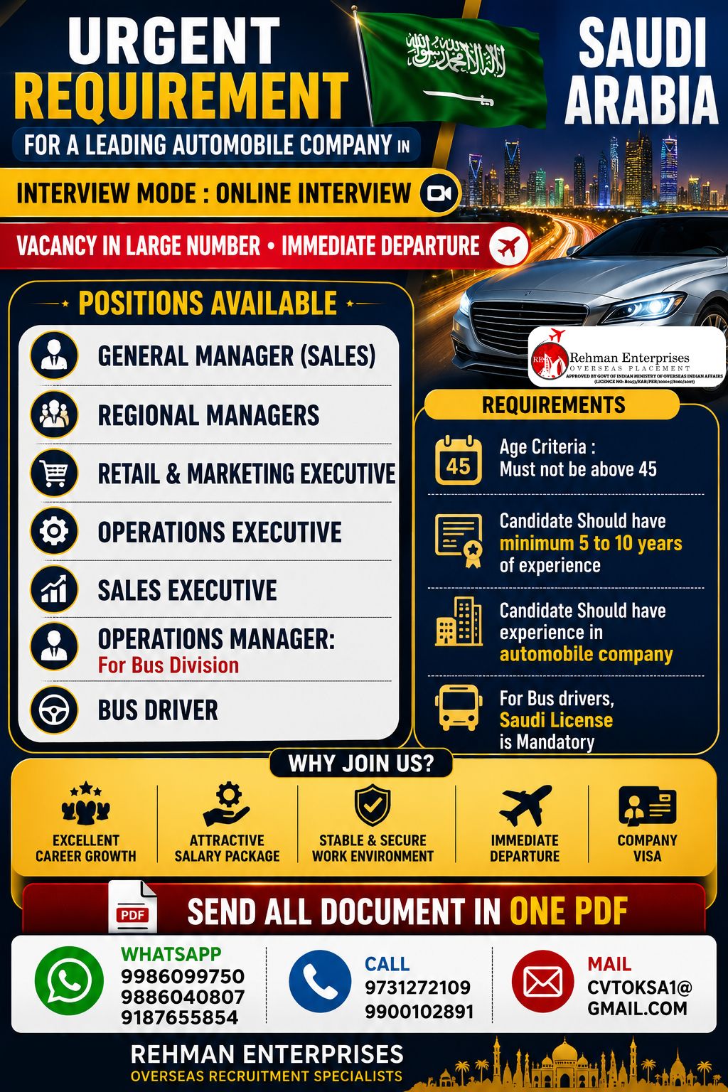 Urgent Recruitment for Leading Automobile Company — Rehman Enterprises, Saudi Arabia, Saudi Arabia