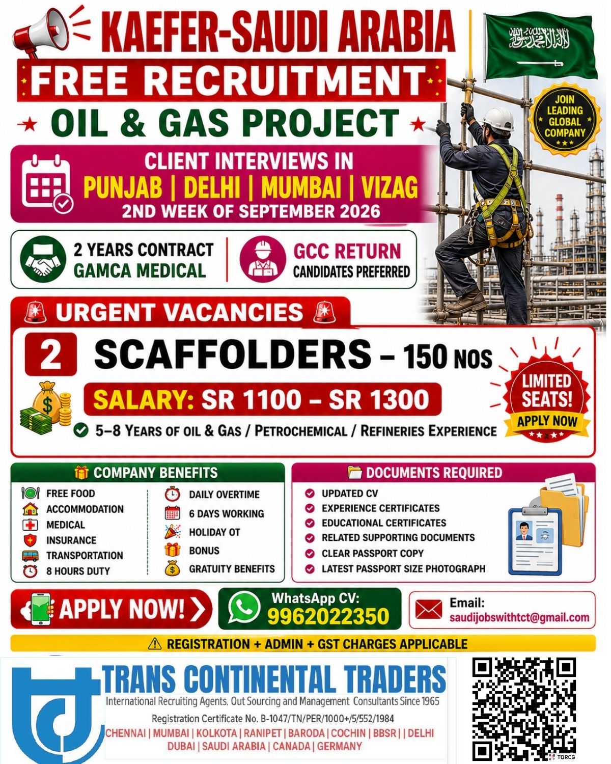 KAEFER FREE RECRUITMENT OIL AND GAS PROJECT CLIENT INTERVIEWS IN PUNJAB | DELHI | MUMBAI | VISHAKHAPATNAM CALL FOR MORE DETAILS 9791553048 — Trans Continental Traders, Saudi Arabia